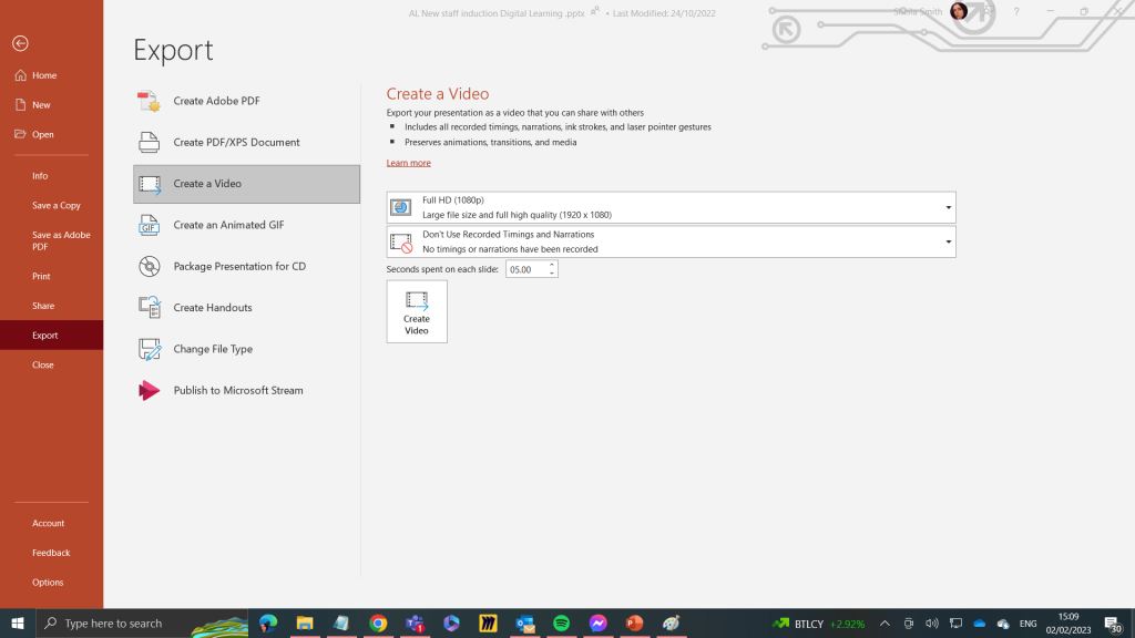 Screen shot of export page in PowerPoint. 